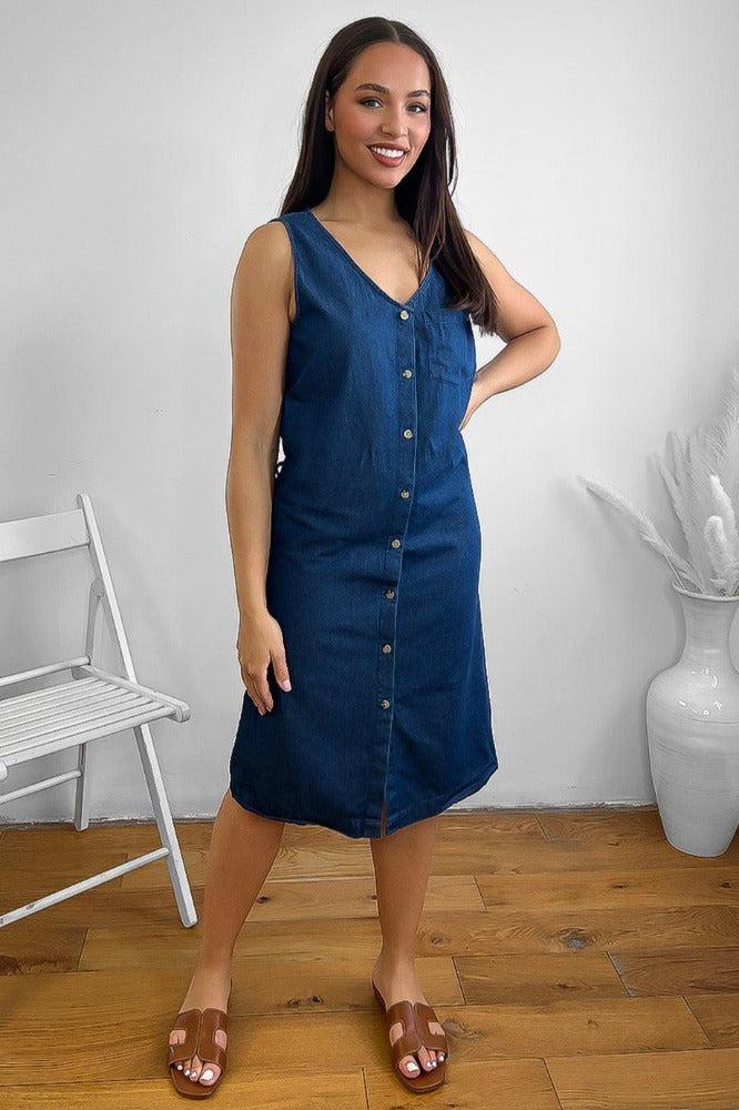 100% Cotton Sleeveless Denim Midi Dress