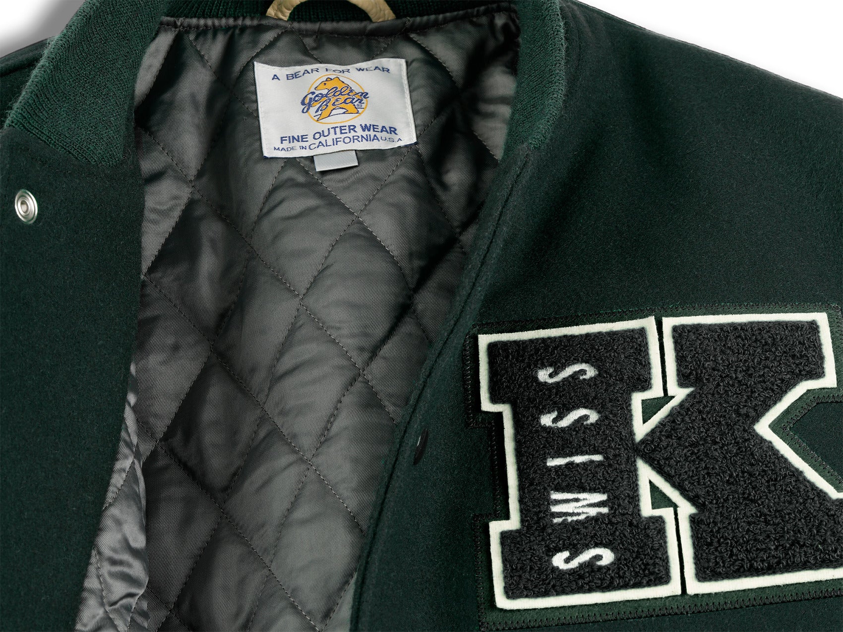 175773-350 | K SWISS X GOLDENBEAR VARSITY JACKET | EMERALD/CREAM