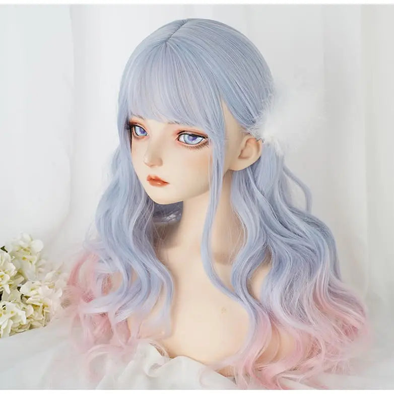 Aqua Blue Gradient Neat Bang Long Curly Wig MK15634