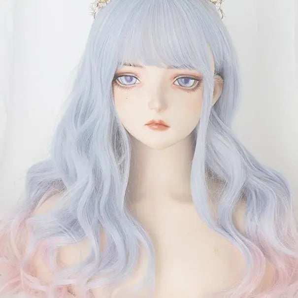 Aqua Blue Gradient Neat Bang Long Curly Wig MK15634