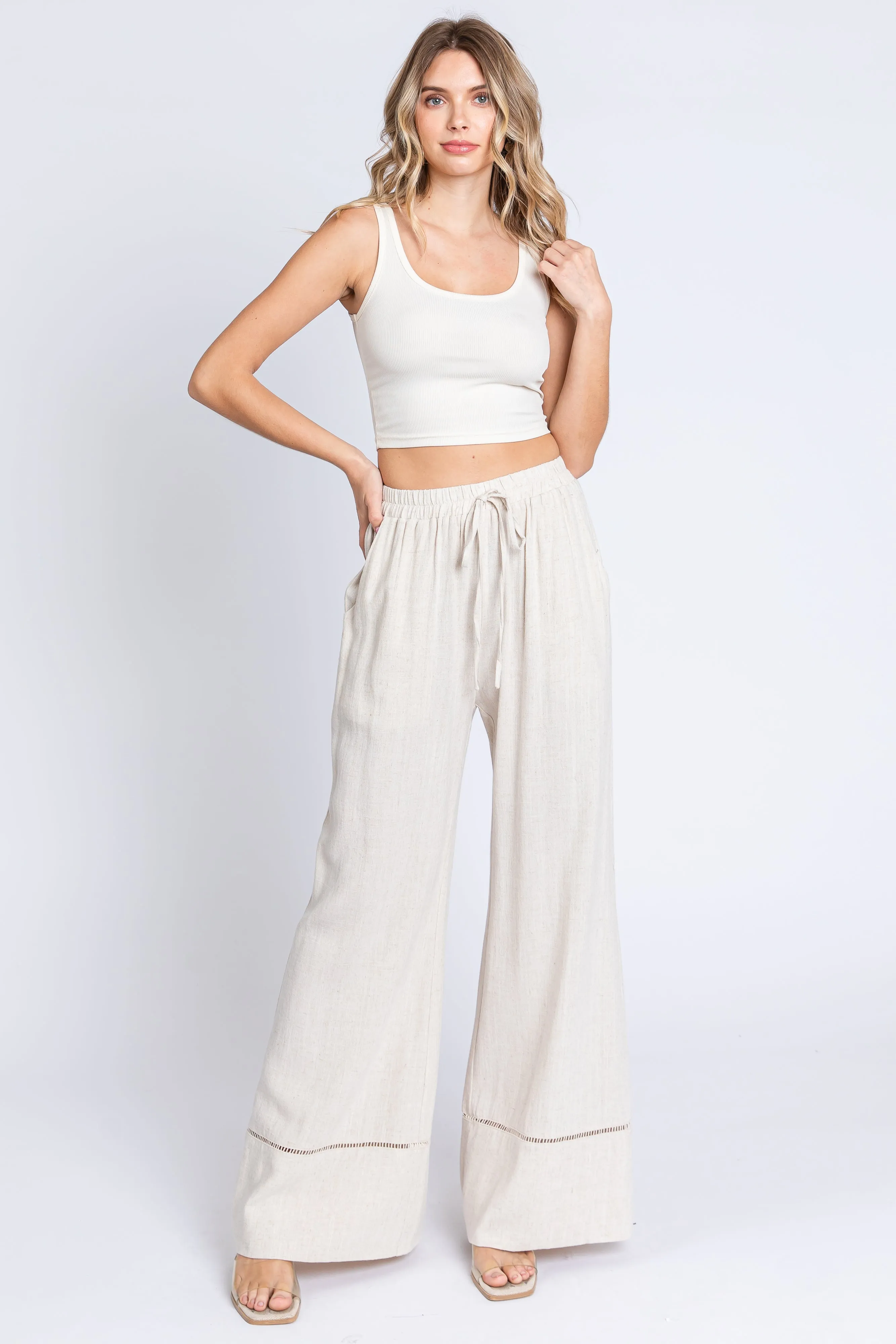 Beige Linen Wide Leg Lace Trim Pants