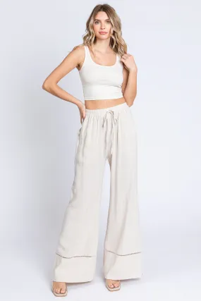 Beige Linen Wide Leg Lace Trim Pants