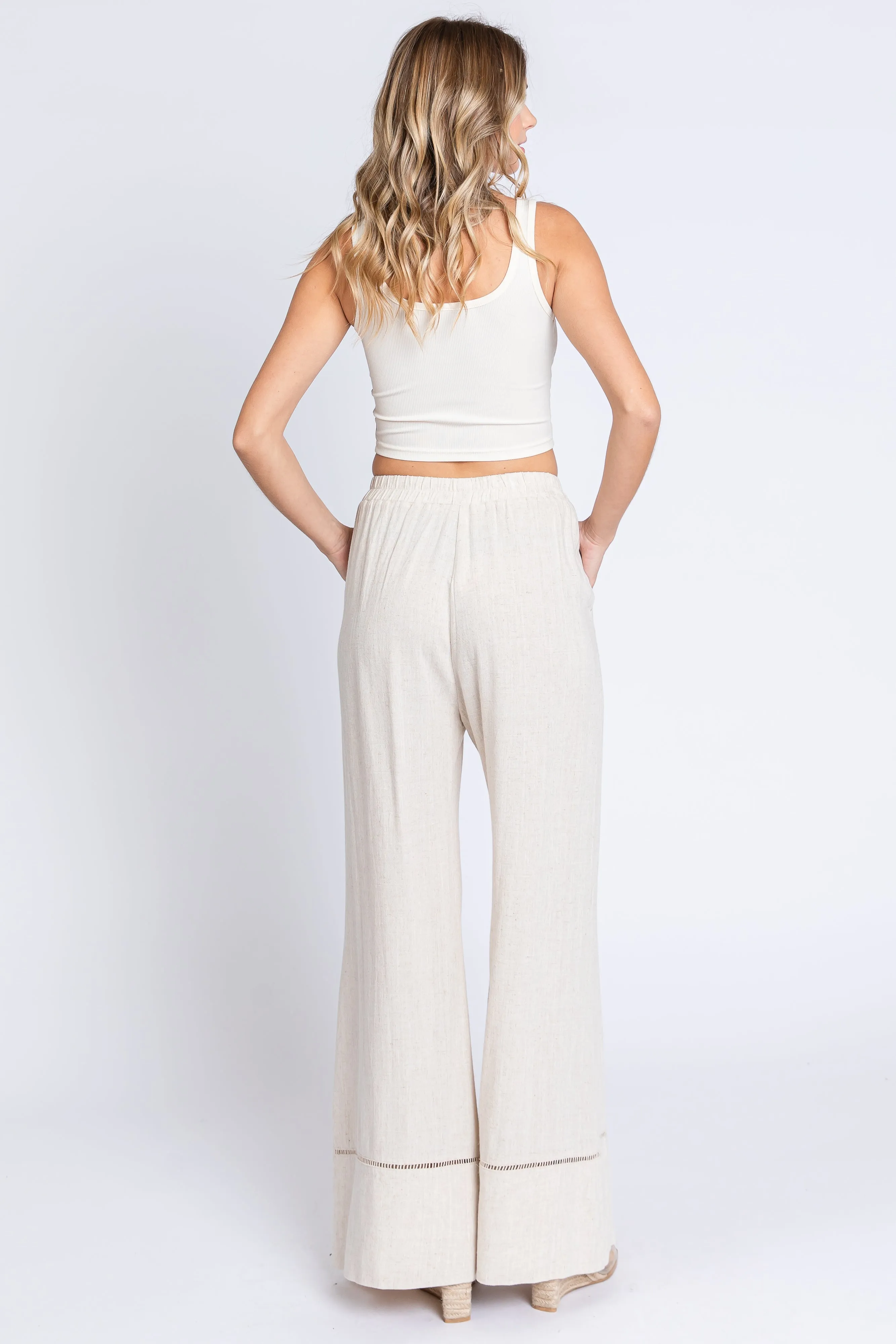 Beige Linen Wide Leg Lace Trim Pants