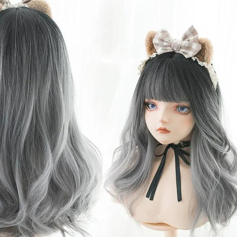 Black Gray Gradient Cute Girl Large Wavy Curl Wig MK15630