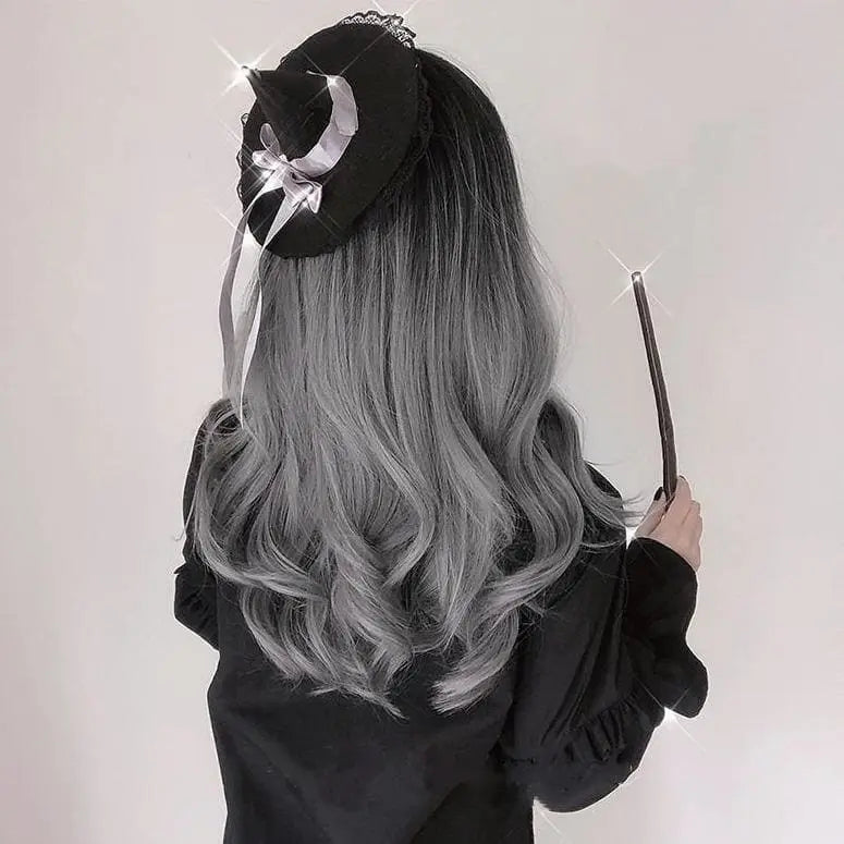 Black Gray Gradient Cute Girl Large Wavy Curl Wig MK15630