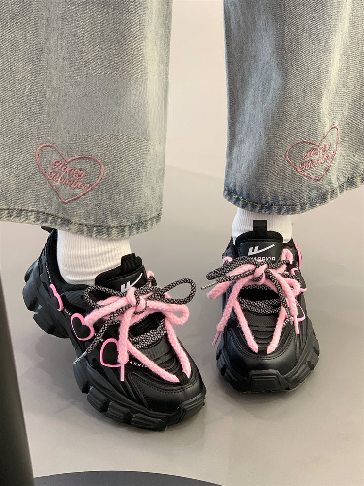 Black Pink Heart Sneakers Shoes Lovercore - Kimi