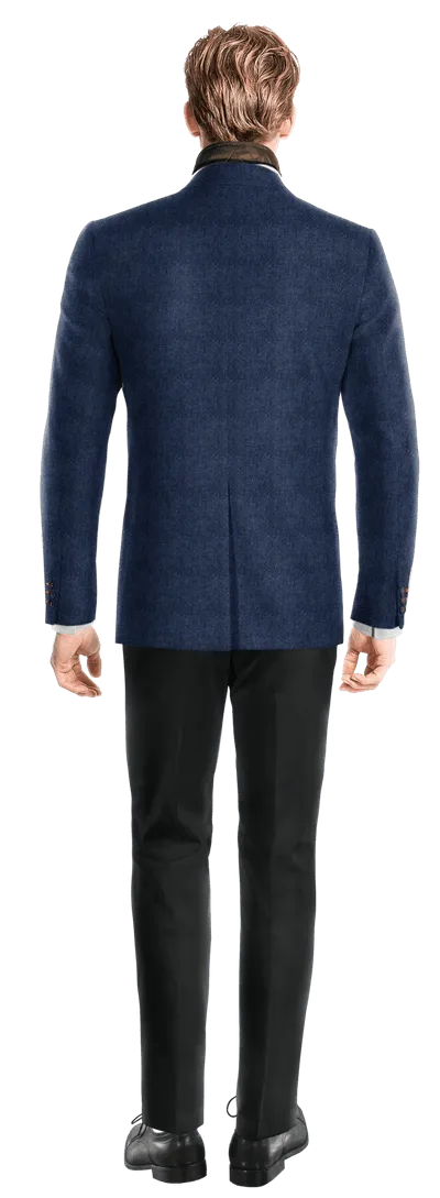  Blazer azul cobalto de tweed herringbone solapa ancha