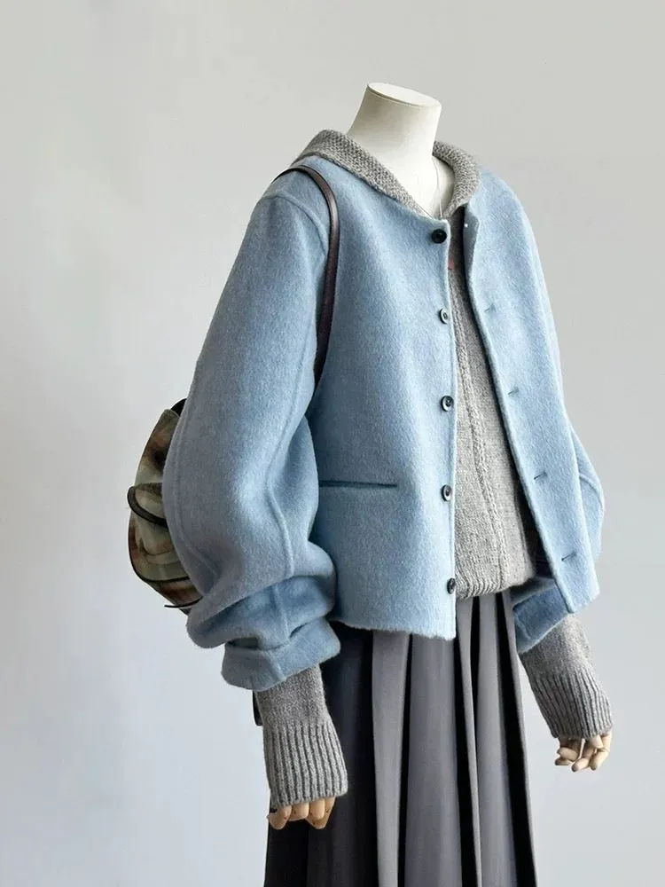 Blue Double-sided Woolen Woolen Coat Women's Short 2024 Autumn and Winter High-Quality Super Nice-looking Small Woolen Coat