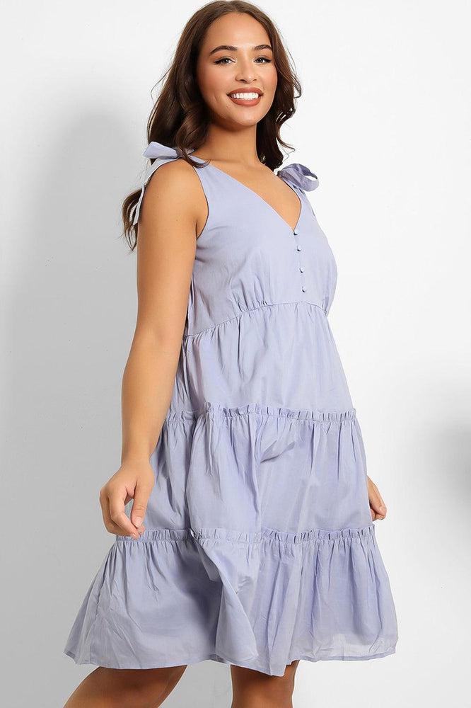 Blue Shoulder Ties Tiered Cotton Sun Dress