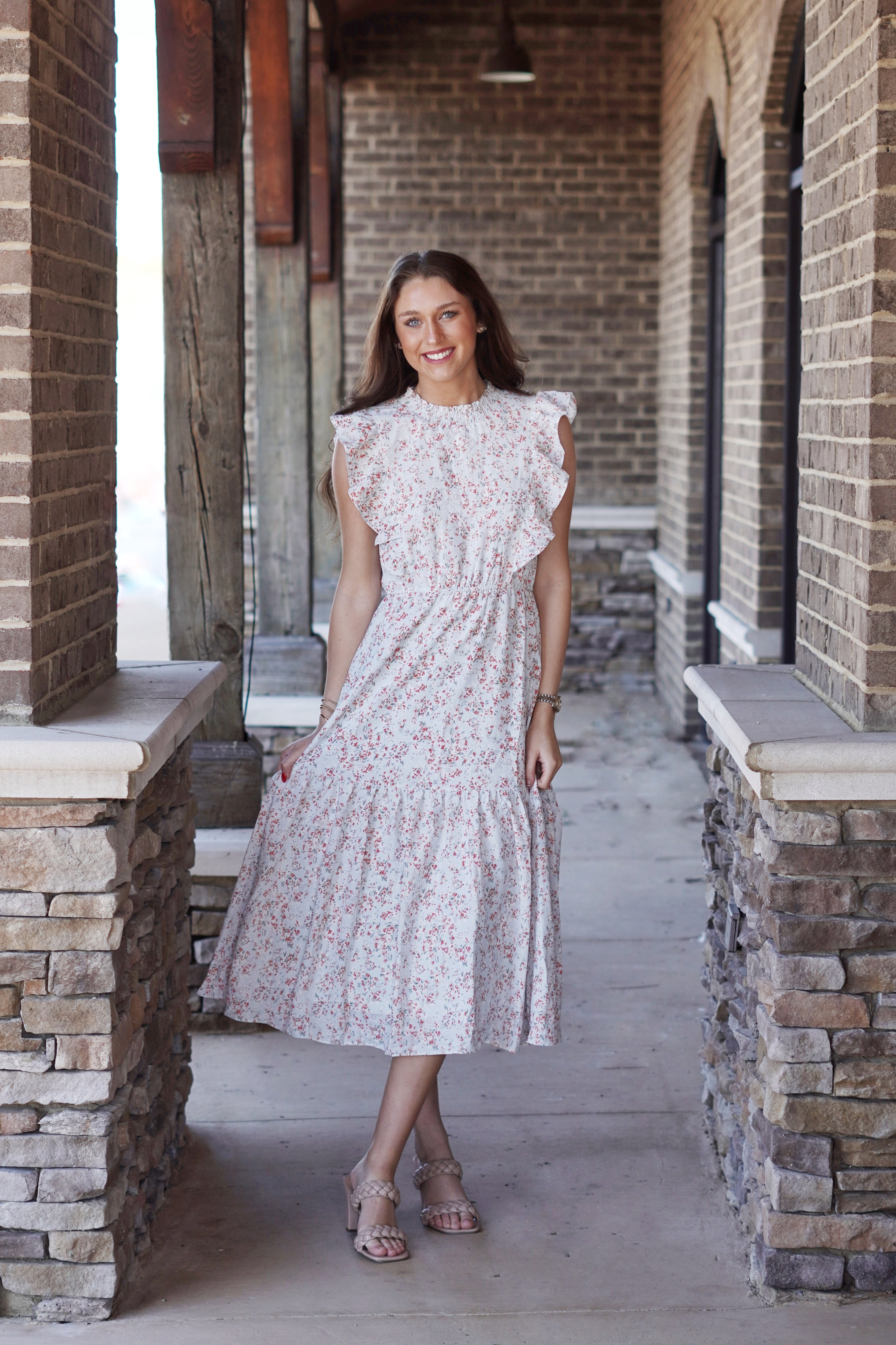 Brae Blue Floral Tiered Ruffle Midi Dress