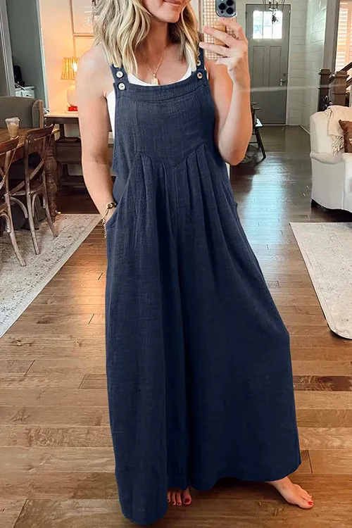 Buttons Pockets Wide Leg Palazzo Overalls