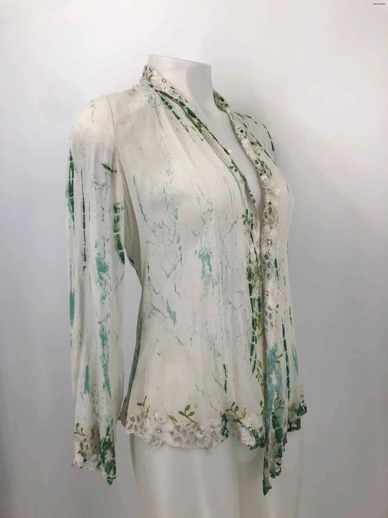 CITRON White Green Dyed Print Crochet Trim Size One Size (M) Top