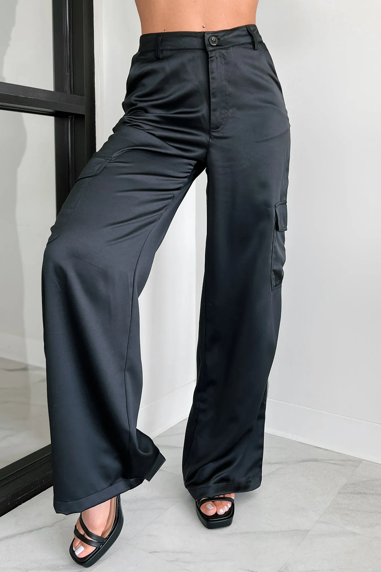 Clearing The Air Wide Leg Satin Cargo Pants (Black)