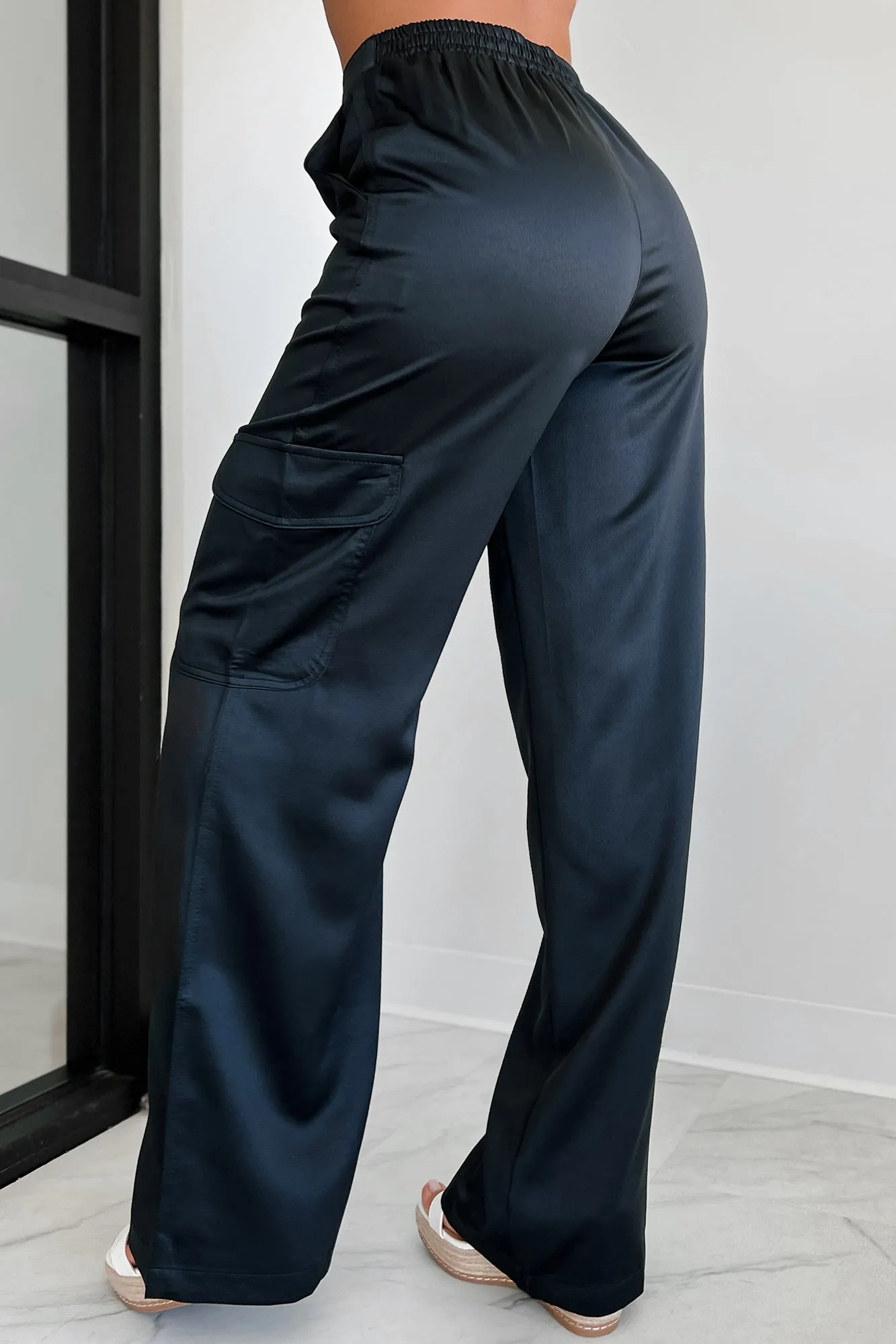 Clearing The Air Wide Leg Satin Cargo Pants (Black)