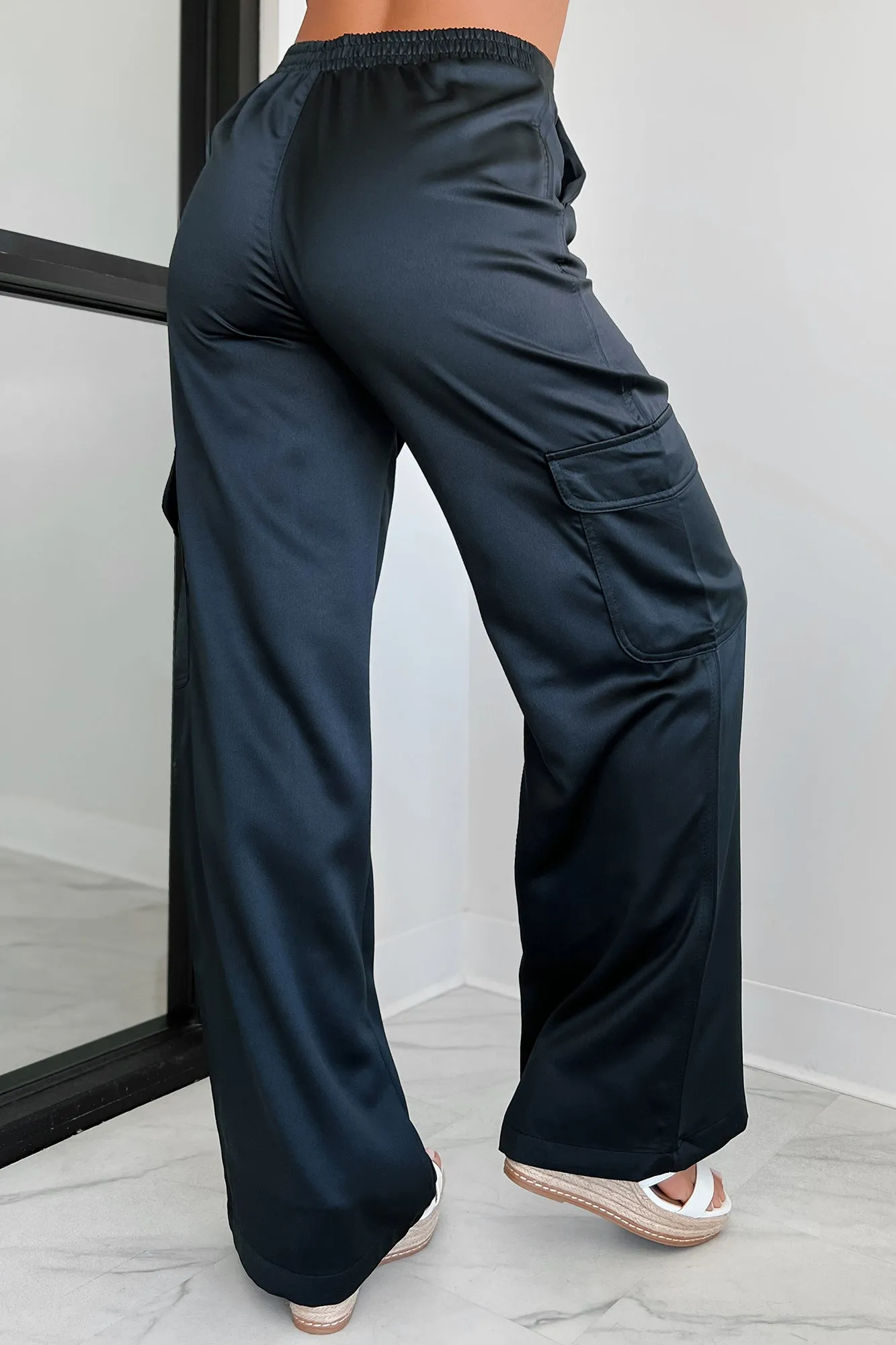 Clearing The Air Wide Leg Satin Cargo Pants (Black)