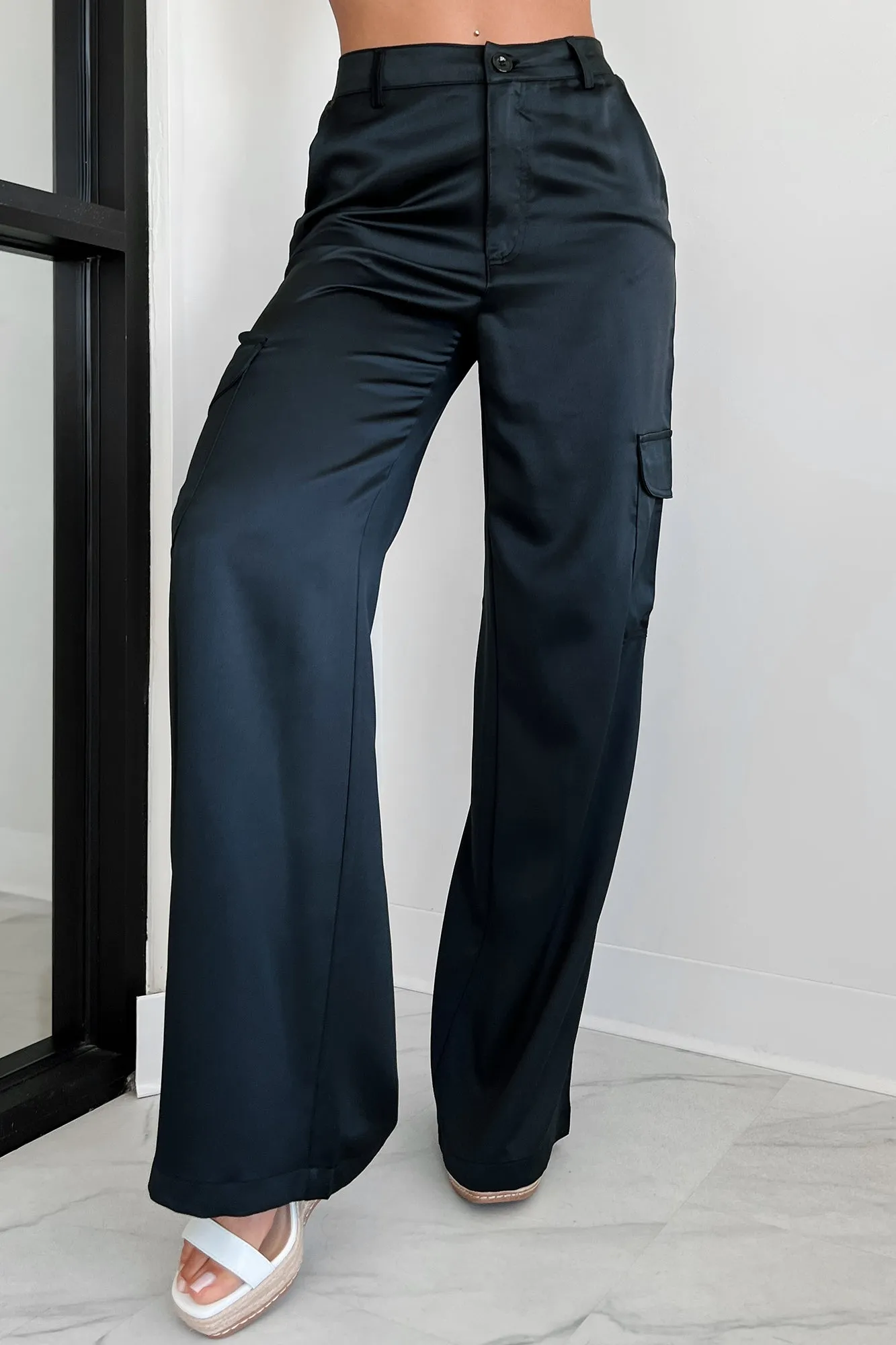 Clearing The Air Wide Leg Satin Cargo Pants (Black)