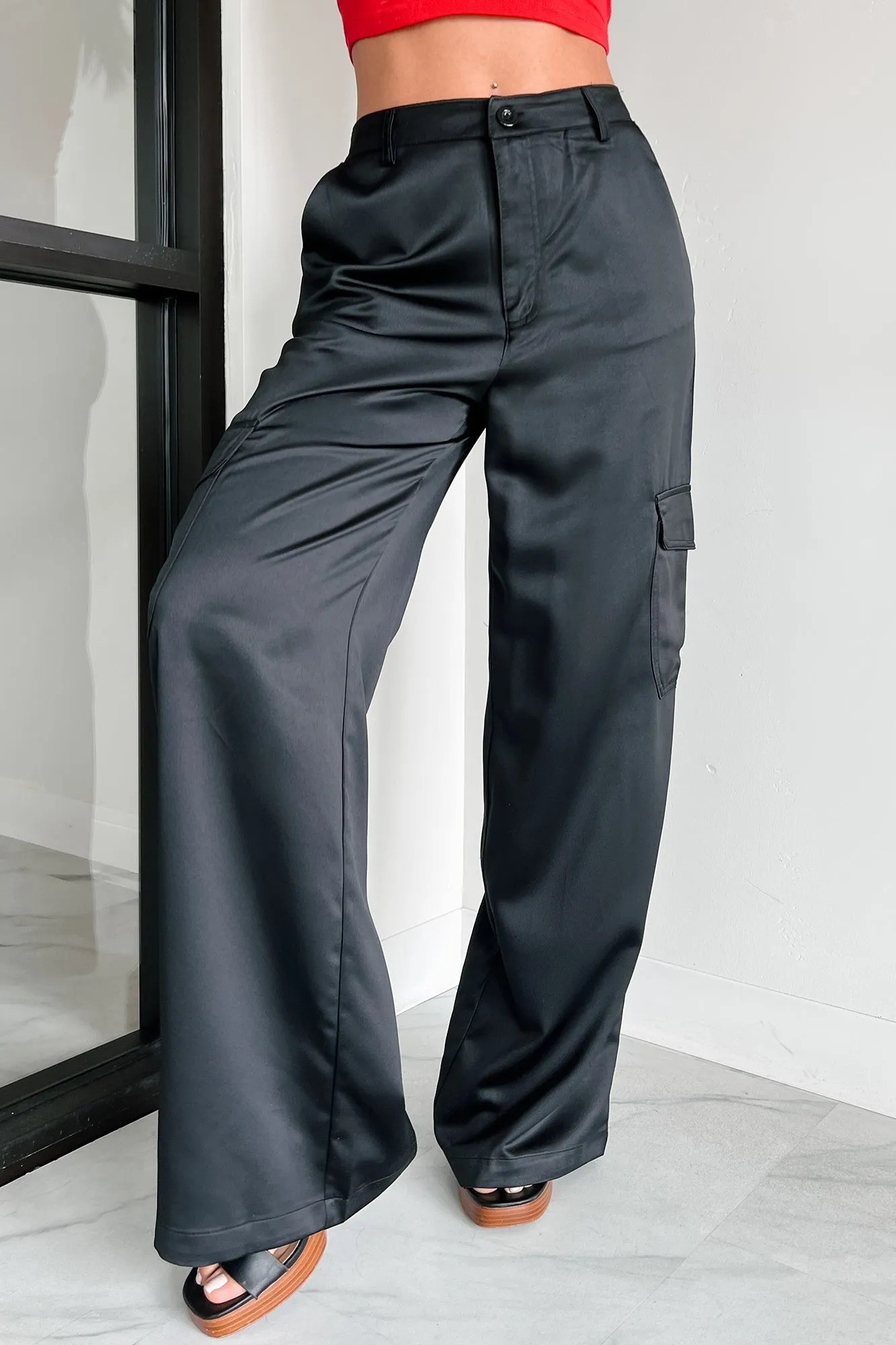 Clearing The Air Wide Leg Satin Cargo Pants (Black)