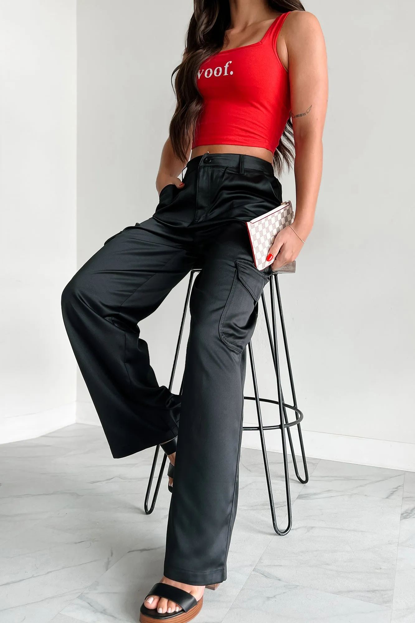 Clearing The Air Wide Leg Satin Cargo Pants (Black)