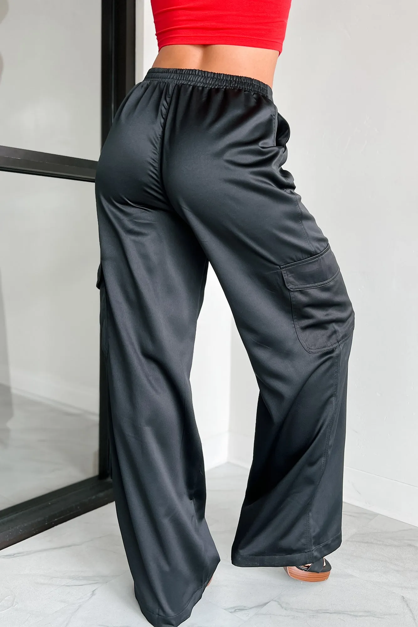 Clearing The Air Wide Leg Satin Cargo Pants (Black)