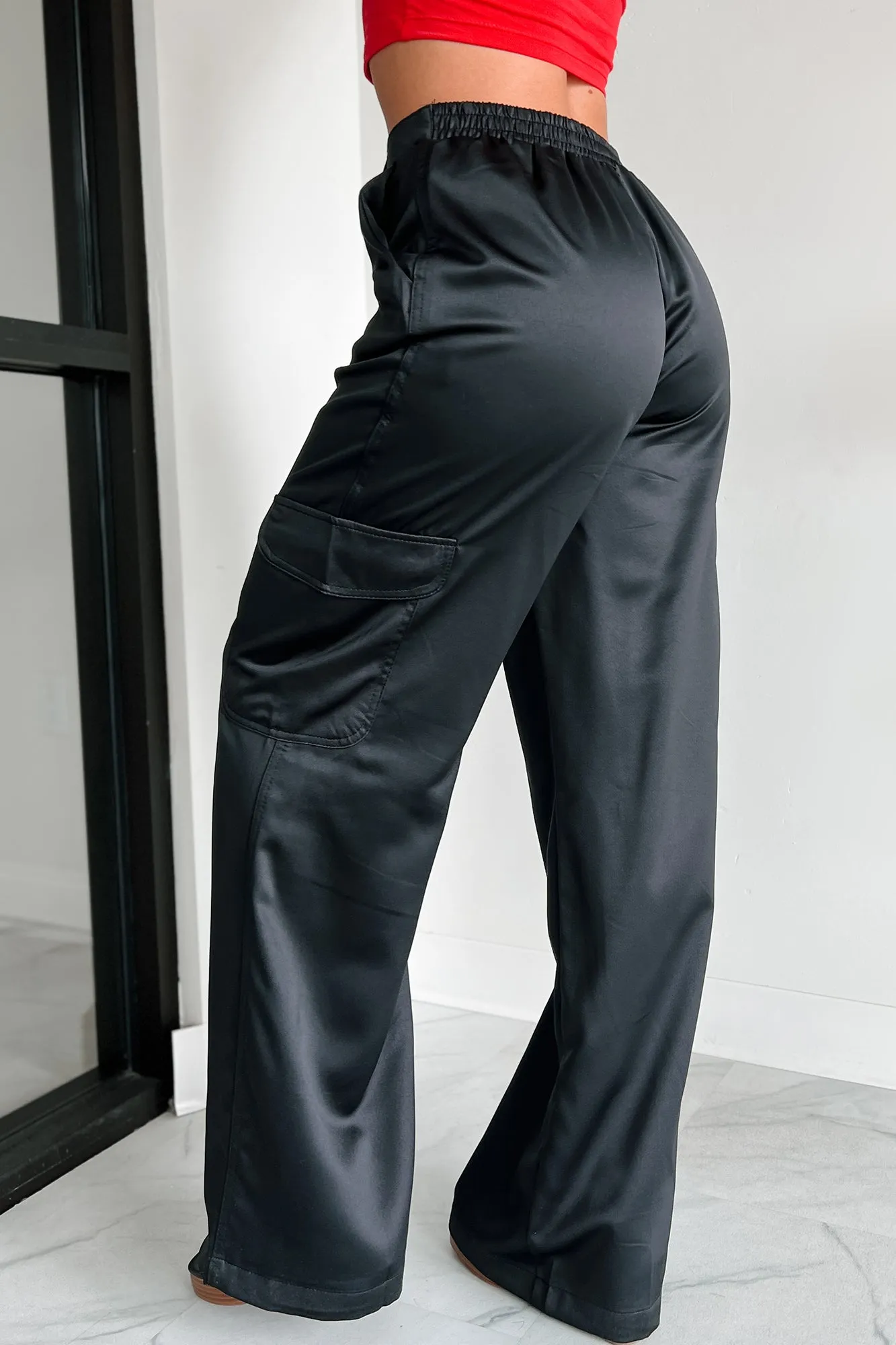 Clearing The Air Wide Leg Satin Cargo Pants (Black)