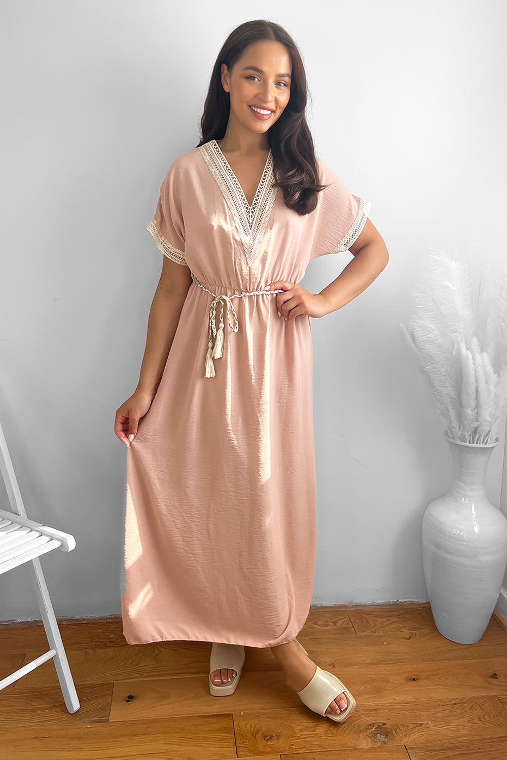 Cotton Lace Trims And Braided Belt Summer Maxi Dress