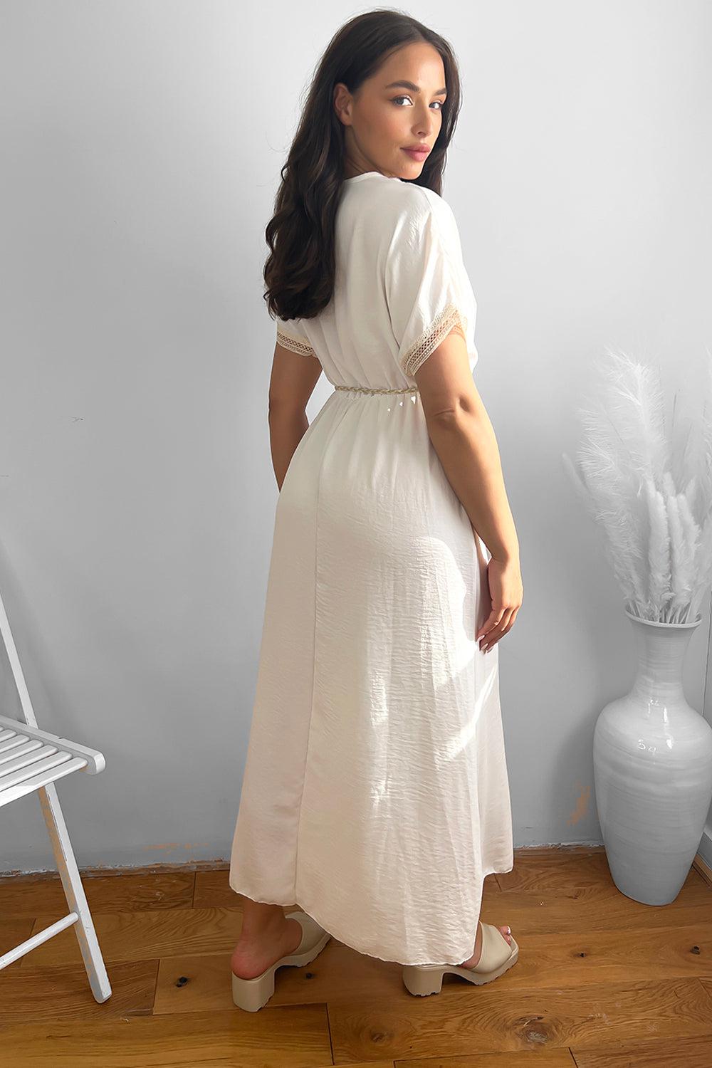 Cotton Lace Trims And Braided Belt Summer Maxi Dress