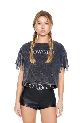 Cowgirl Graphic Washed Fringe Sleeve T-Shirt