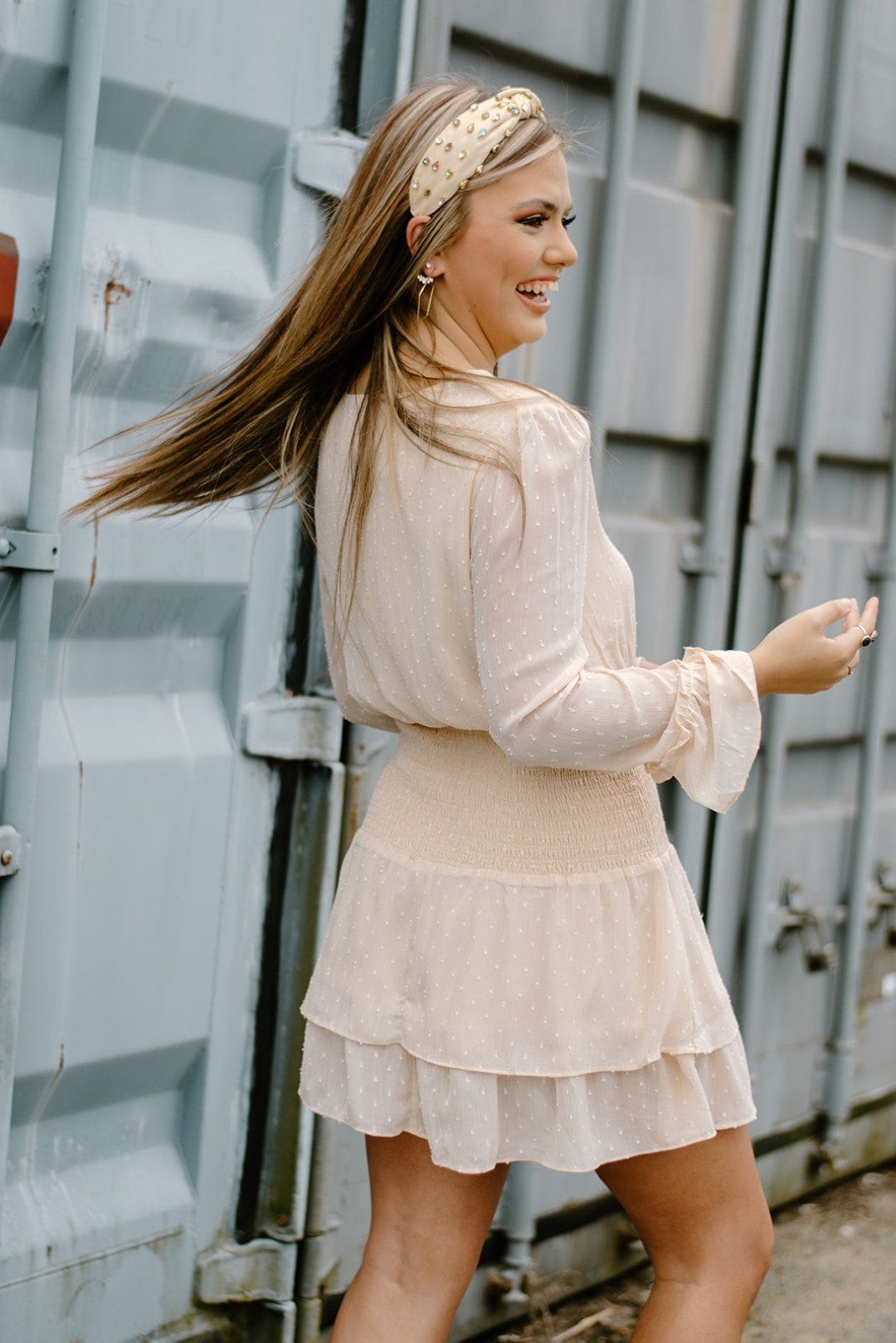 Cream Ruffle Long Sleeve Dress