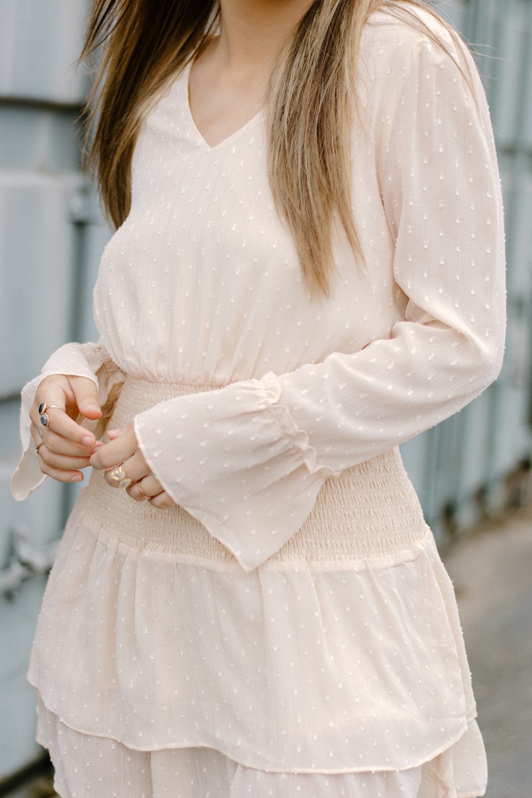 Cream Ruffle Long Sleeve Dress