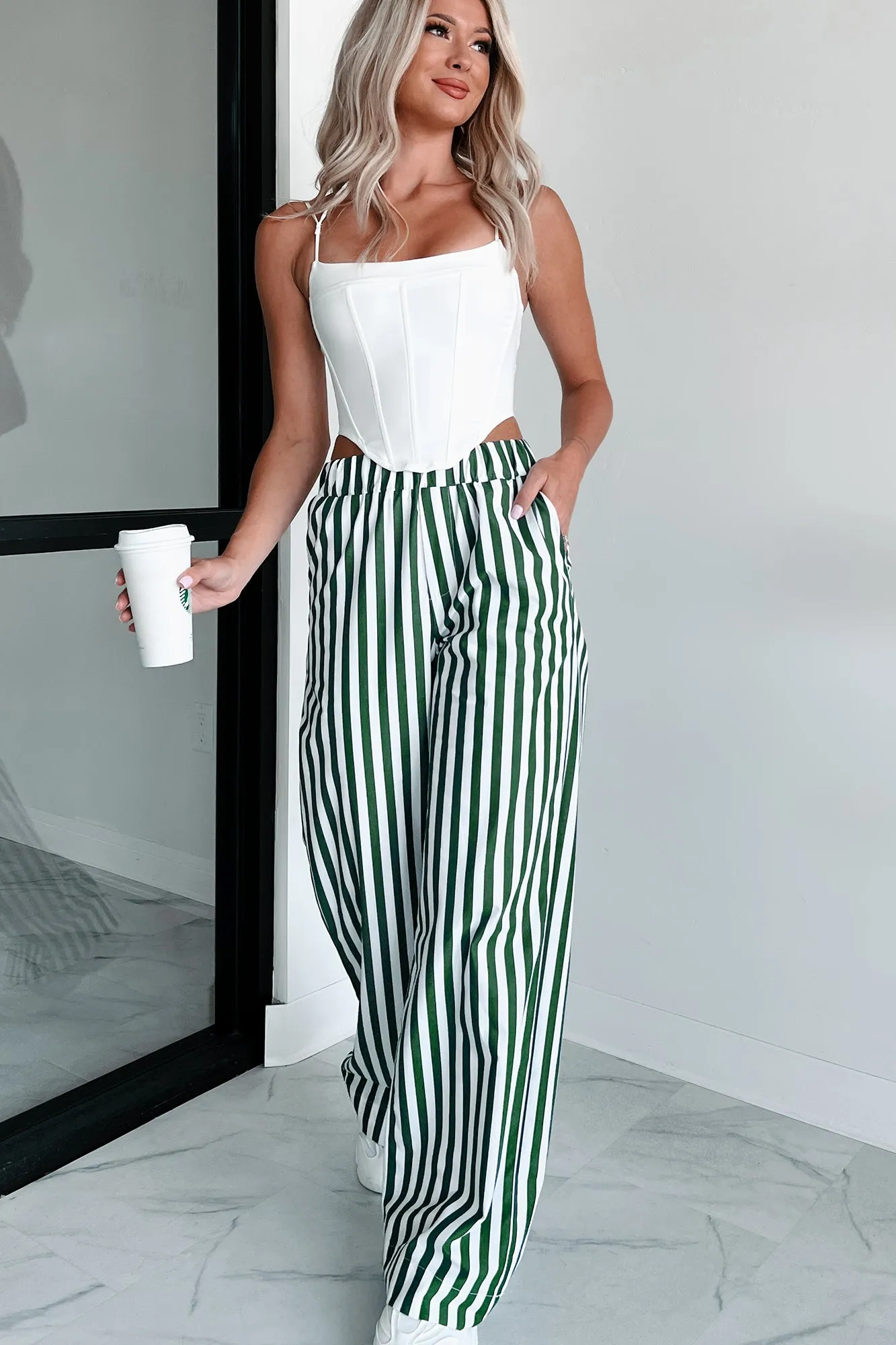 Cute On The Coast Wide Leg Stripe Pants (Hunter Green/White)