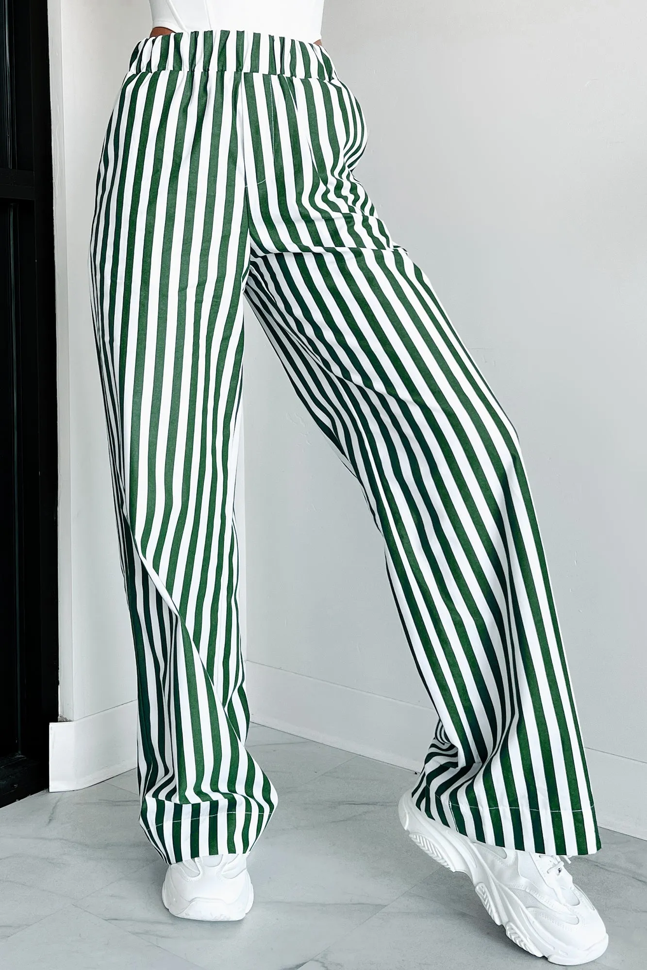 Cute On The Coast Wide Leg Stripe Pants (Hunter Green/White)