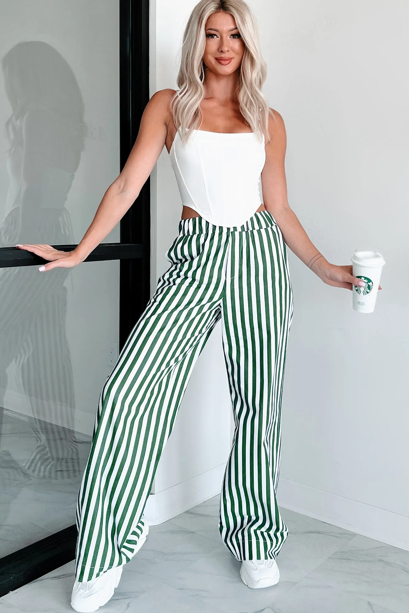 Cute On The Coast Wide Leg Stripe Pants (Hunter Green/White)