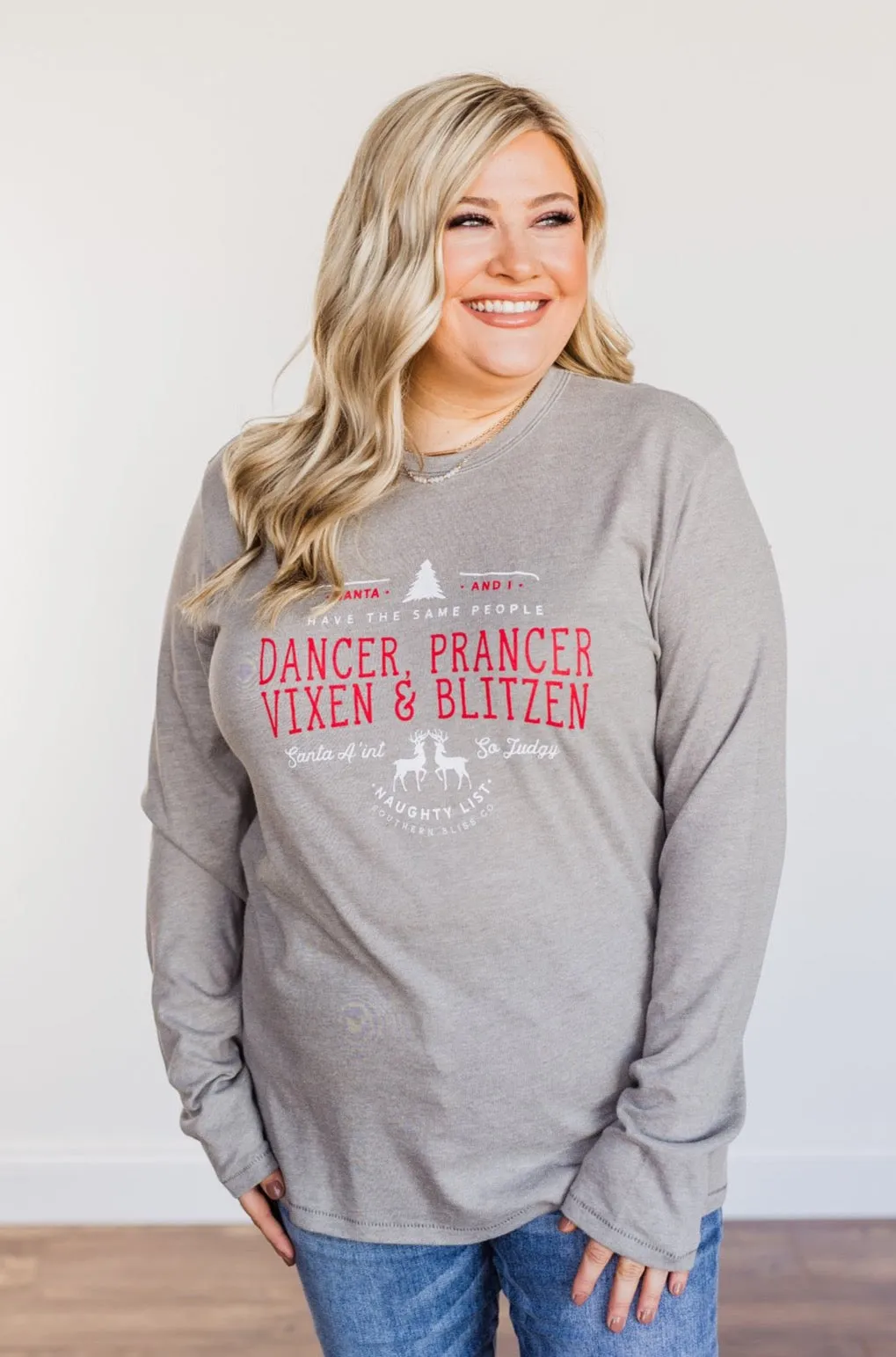 Dancer, Prancer Graphic Long Sleeve Top- Grey