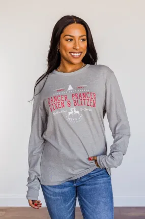 Dancer, Prancer Graphic Long Sleeve Top- Grey