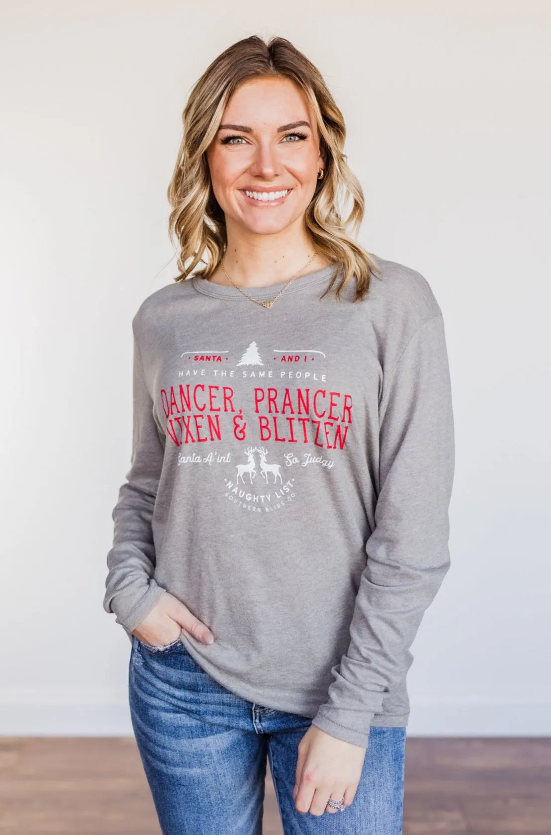 Dancer, Prancer Graphic Long Sleeve Top- Grey