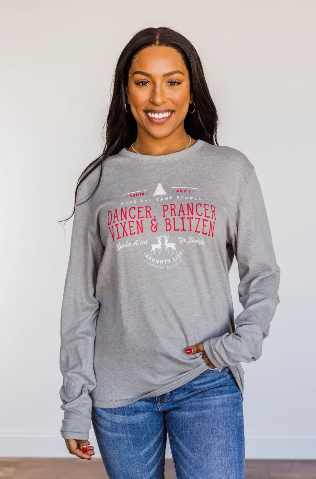 Dancer, Prancer Graphic Long Sleeve Top- Grey