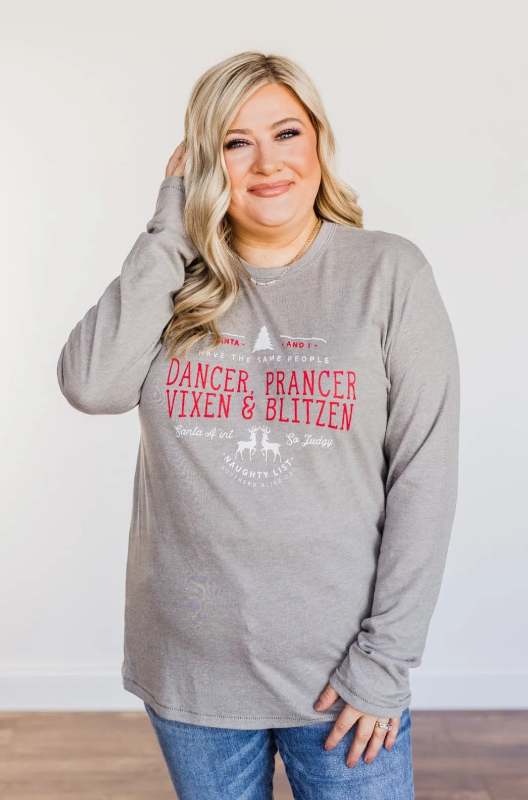 Dancer, Prancer Graphic Long Sleeve Top- Grey