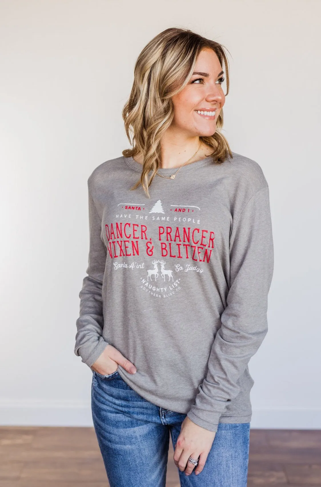 Dancer, Prancer Graphic Long Sleeve Top- Grey