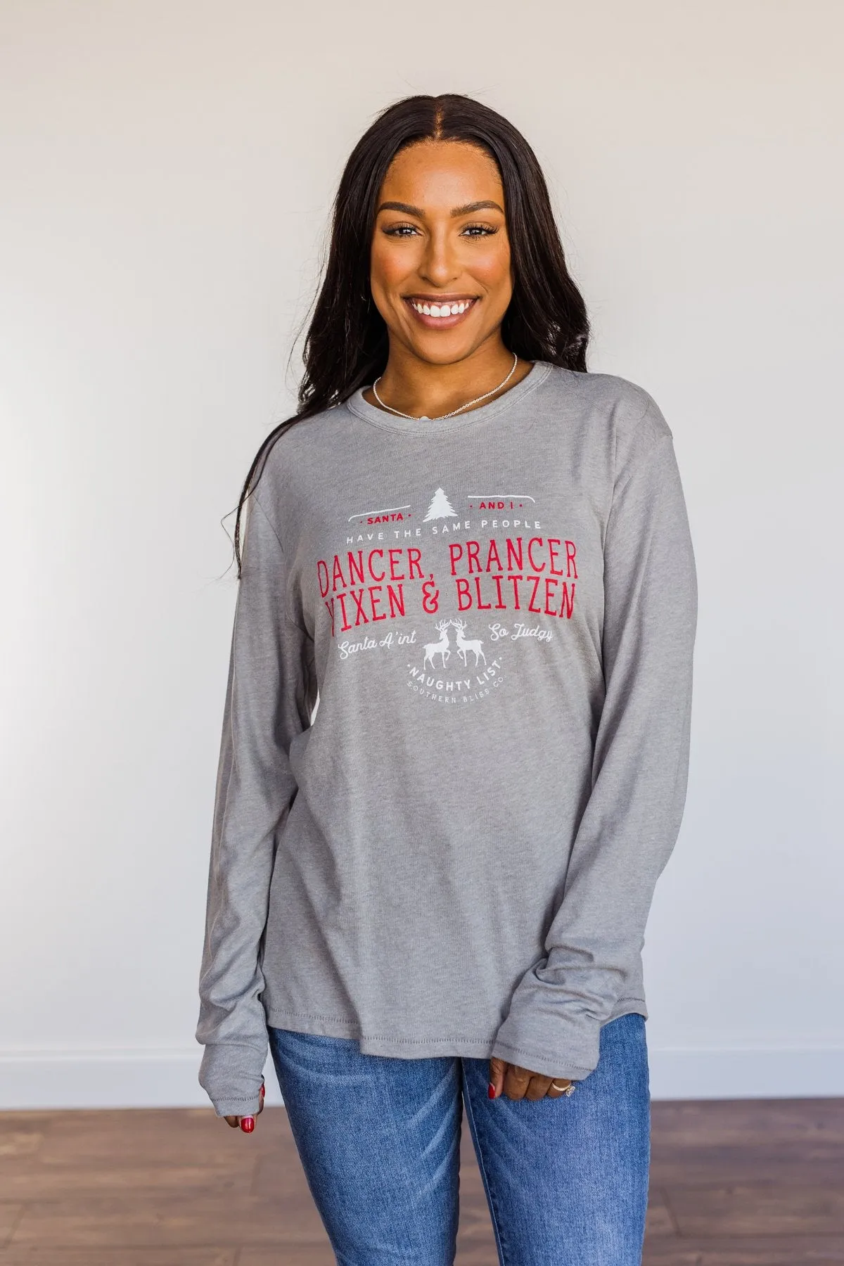 Dancer, Prancer Graphic Long Sleeve Top- Grey