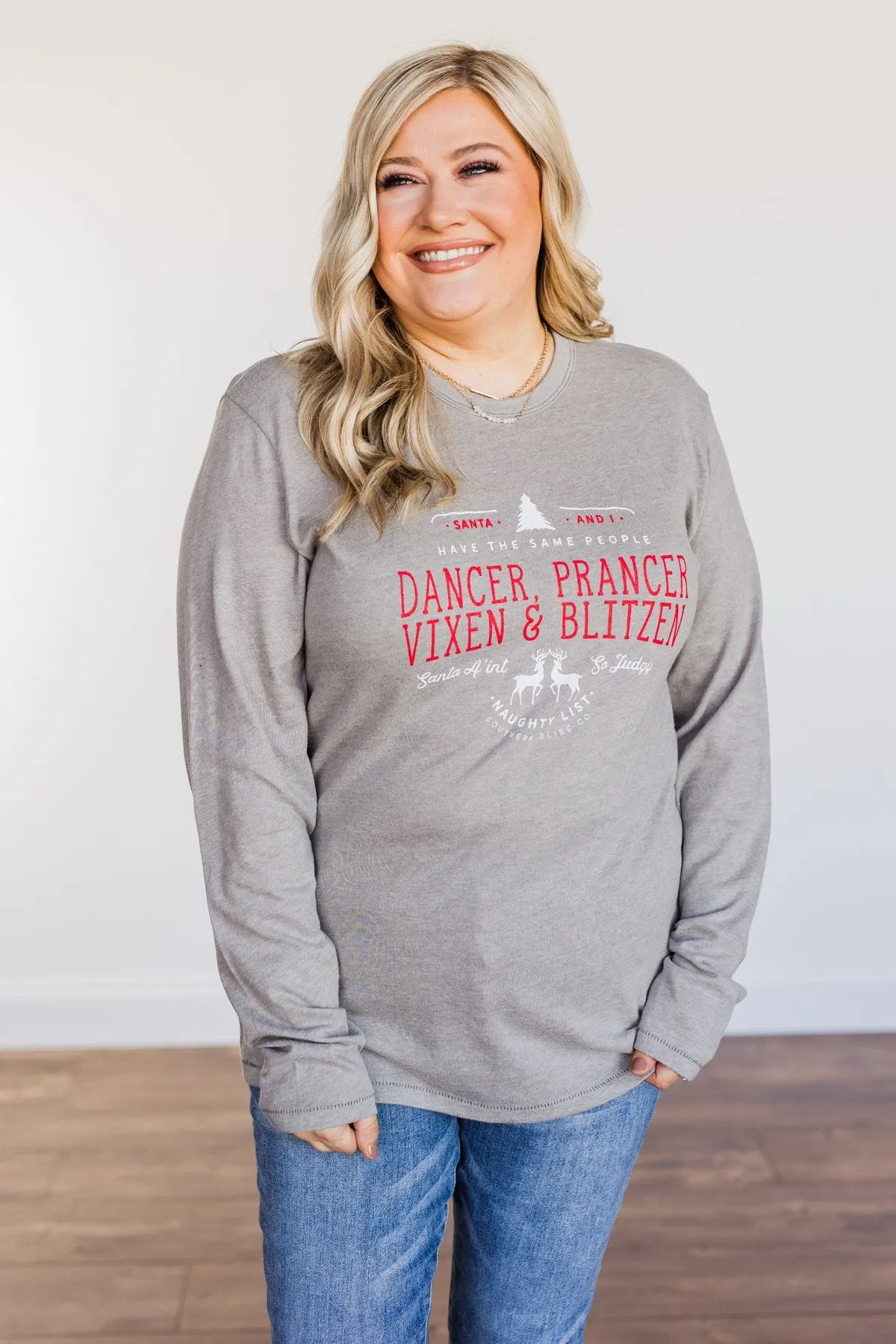 Dancer, Prancer Graphic Long Sleeve Top- Grey