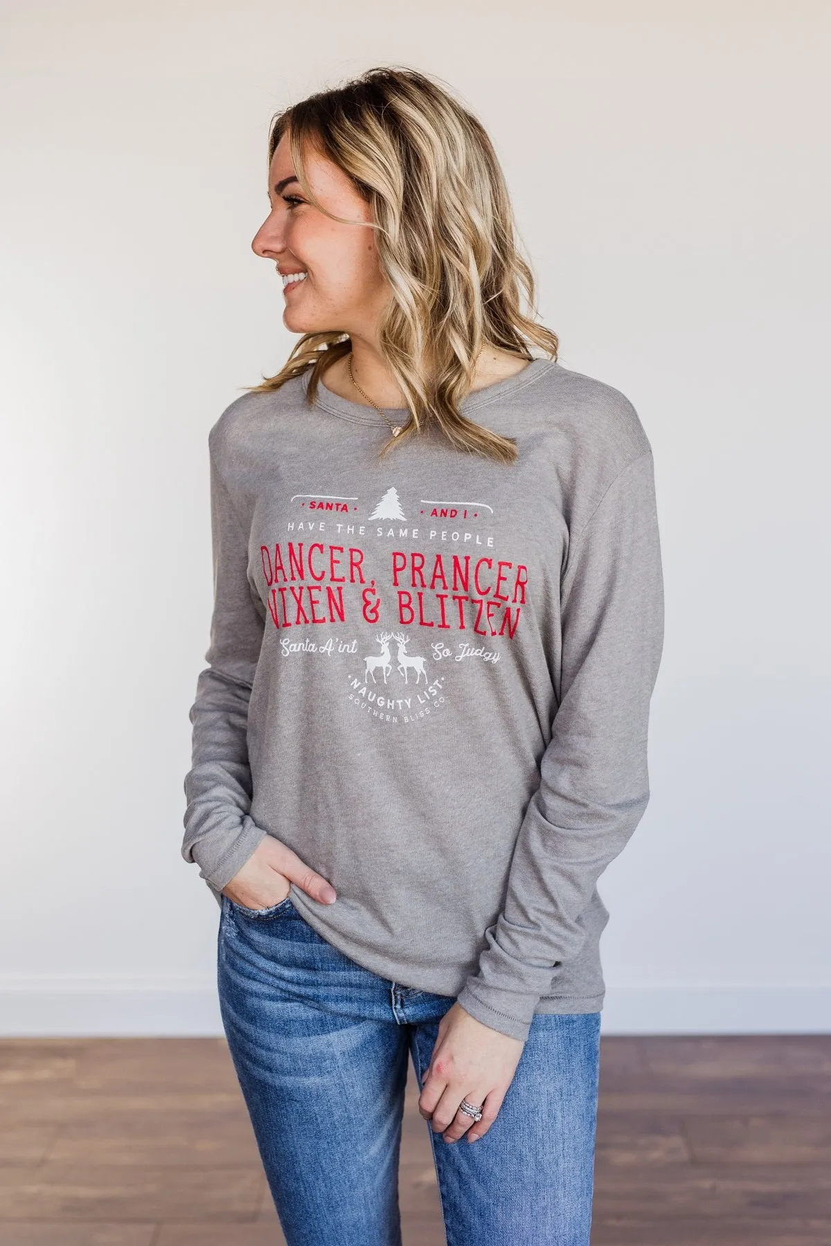 Dancer, Prancer Graphic Long Sleeve Top- Grey