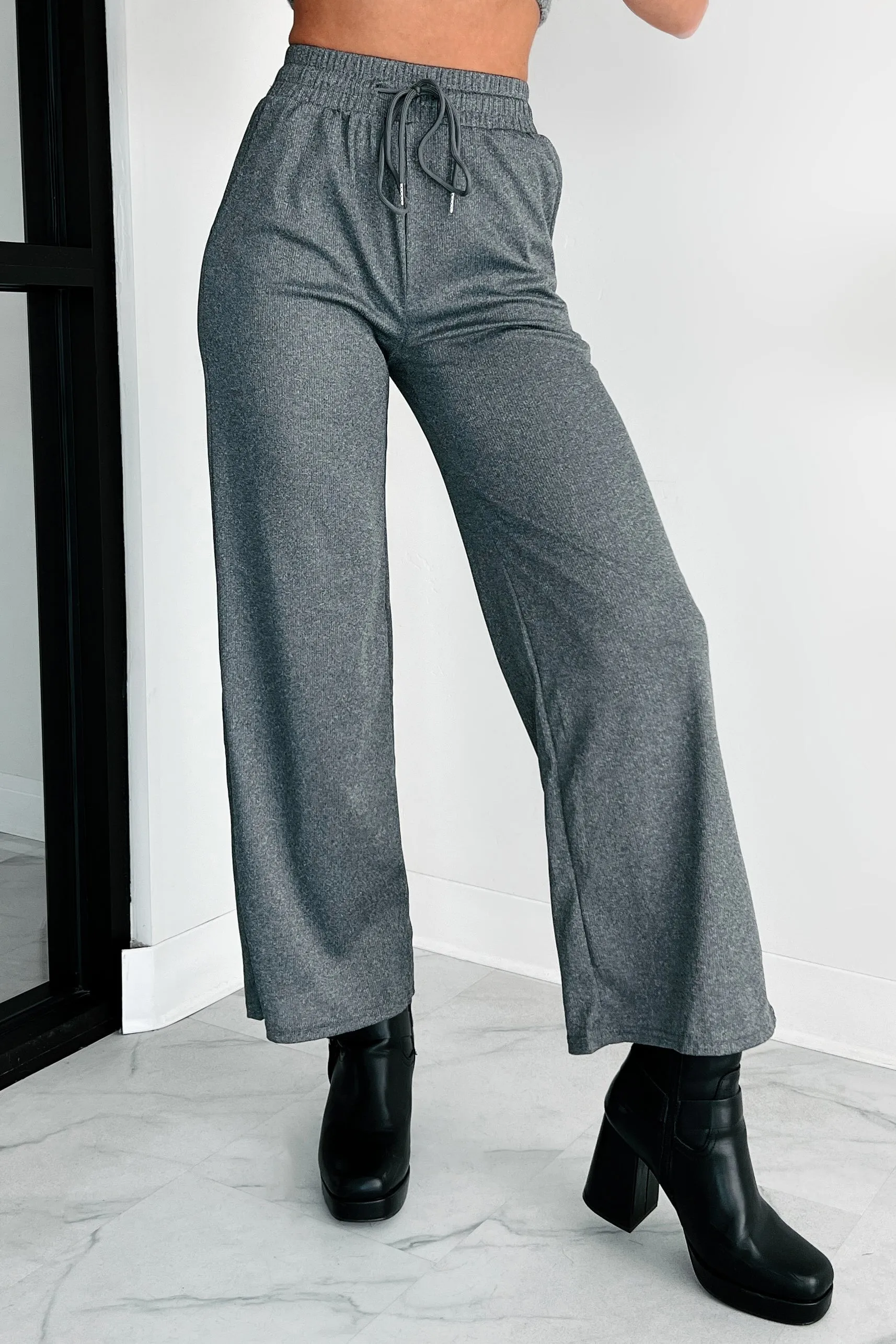 DOORBUSTER I'm Staying Put Wide Leg Drawstring Pants (Heather Grey)