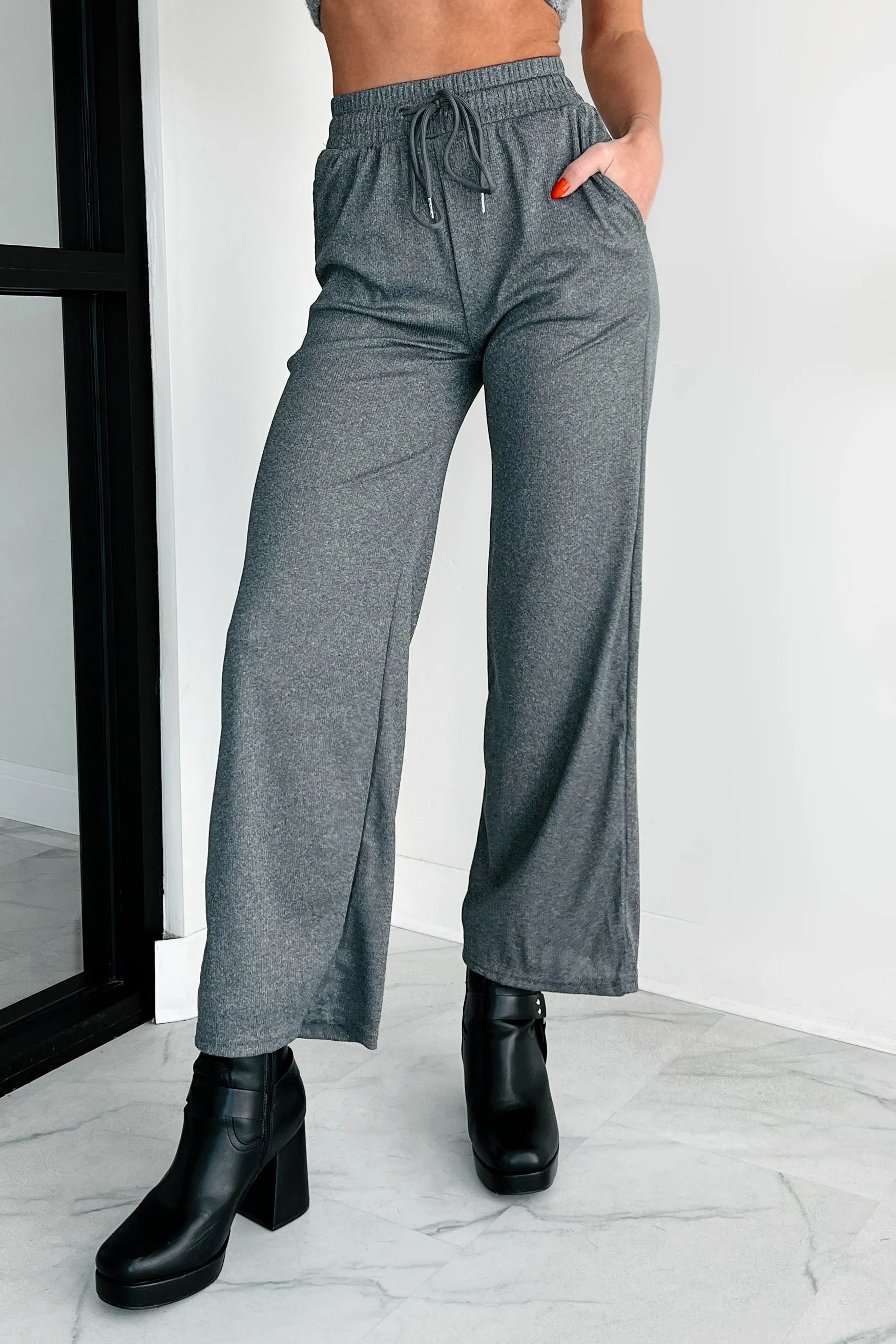 DOORBUSTER I'm Staying Put Wide Leg Drawstring Pants (Heather Grey)