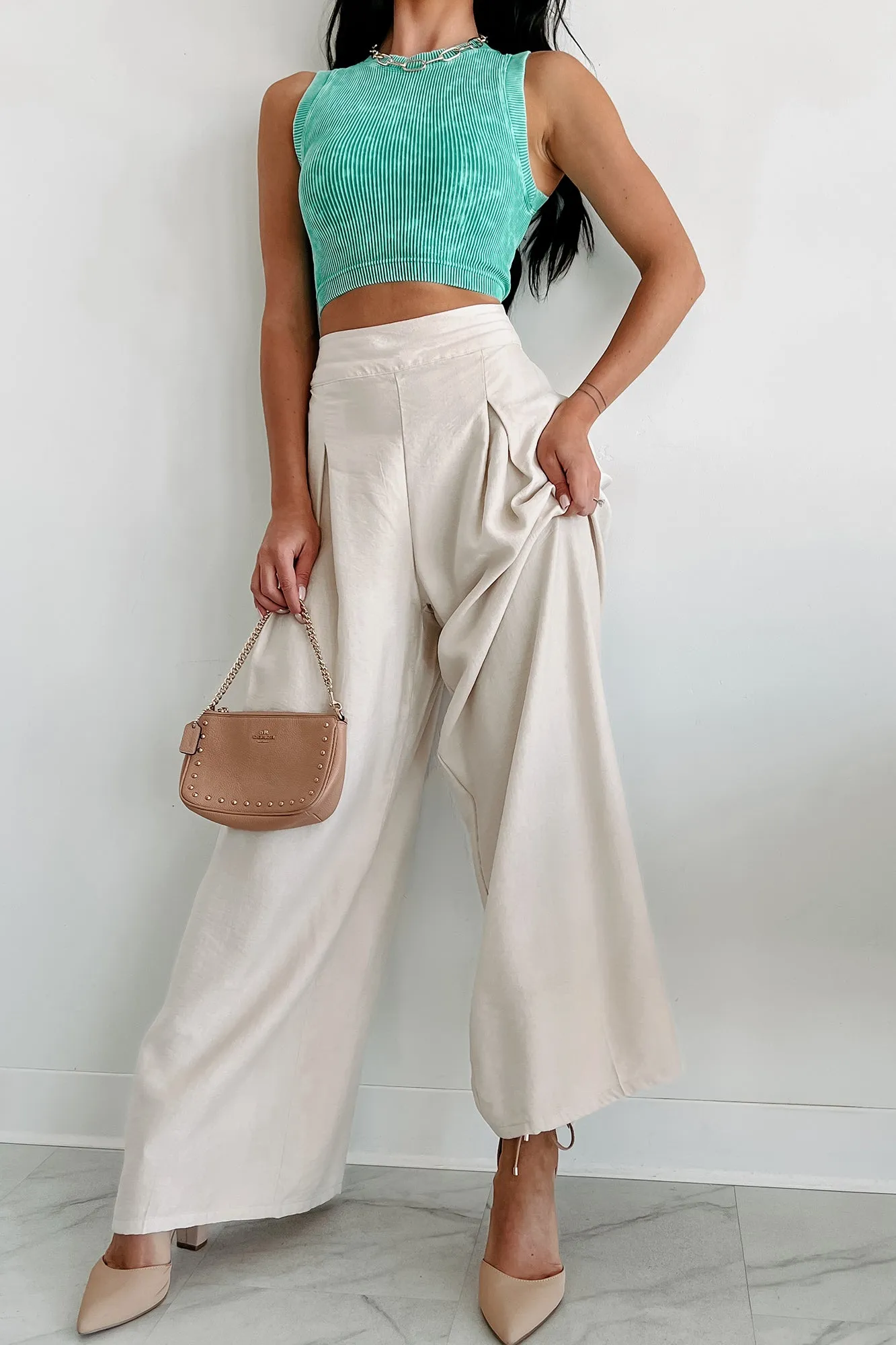 ENERGETIC RESPONSE HIGH RISE PLEATED WIDE LEG PANTS (CREA