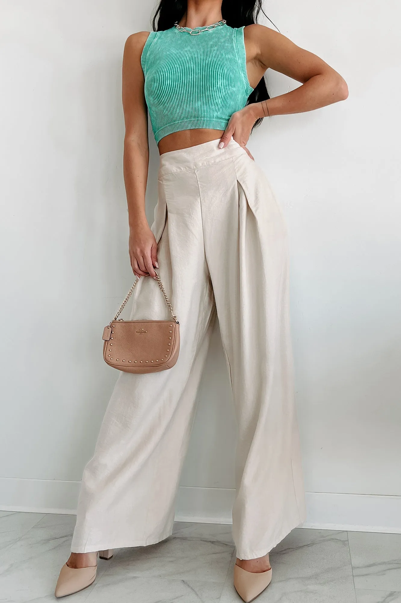 ENERGETIC RESPONSE HIGH RISE PLEATED WIDE LEG PANTS (CREA