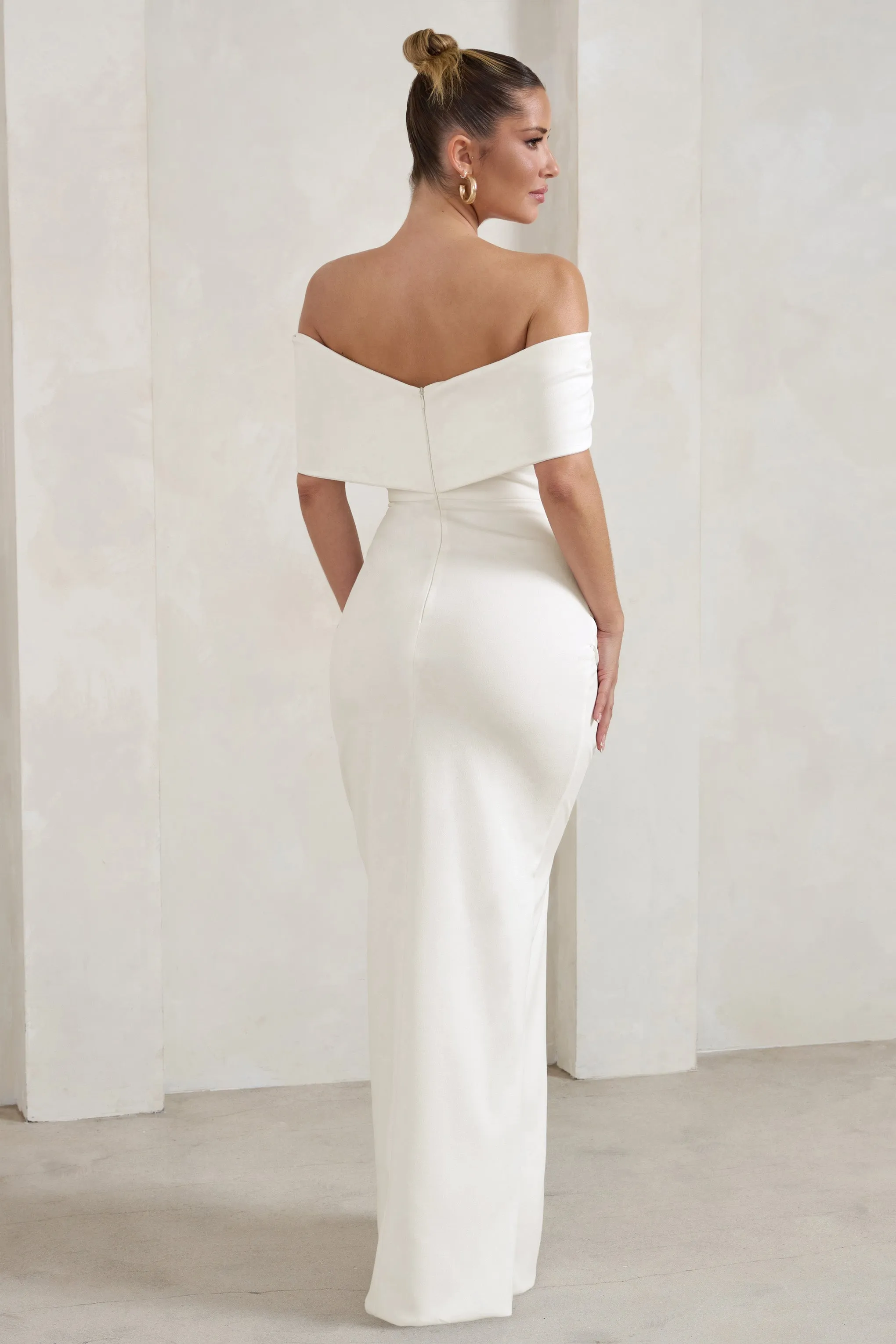 Eva | White Bardot Bow Detail Maxi Dress With Thigh Split