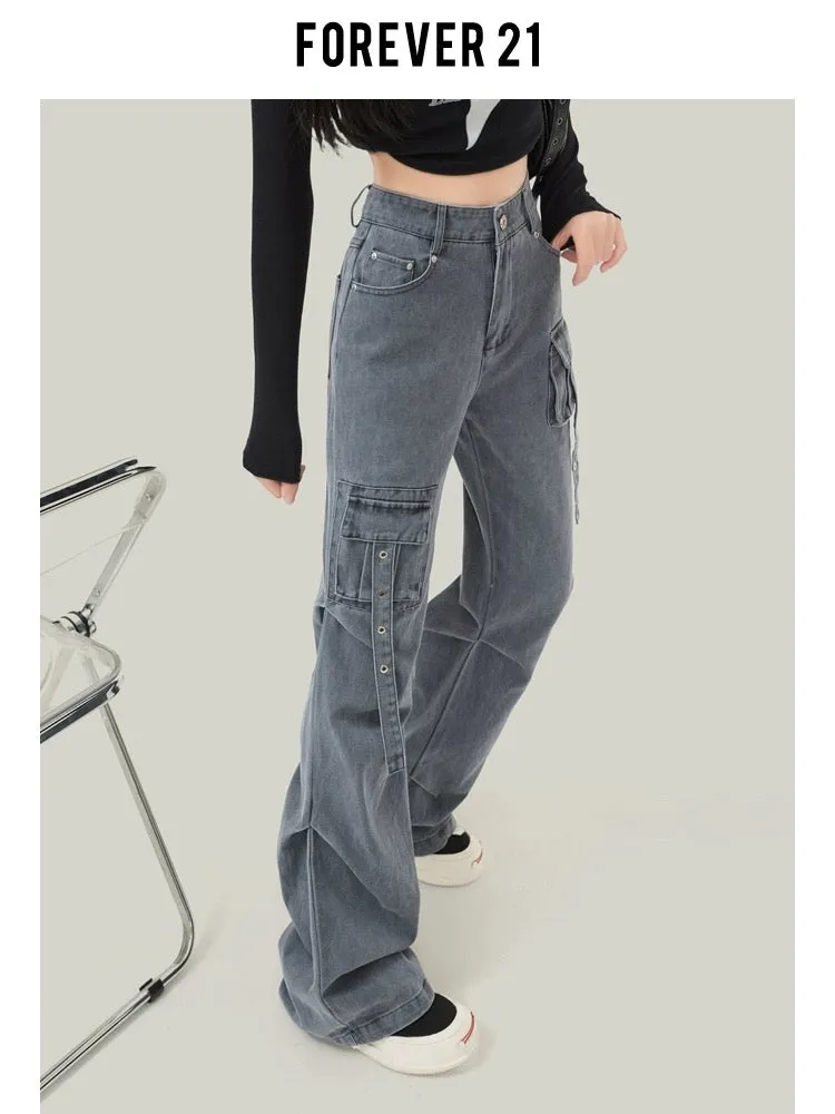 Forever 21 American cement gray bootcut denim overalls for women high-waisted slim casual horseshoe flared pants