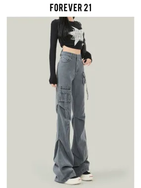 Forever 21 American cement gray bootcut denim overalls for women high-waisted slim casual horseshoe flared pants