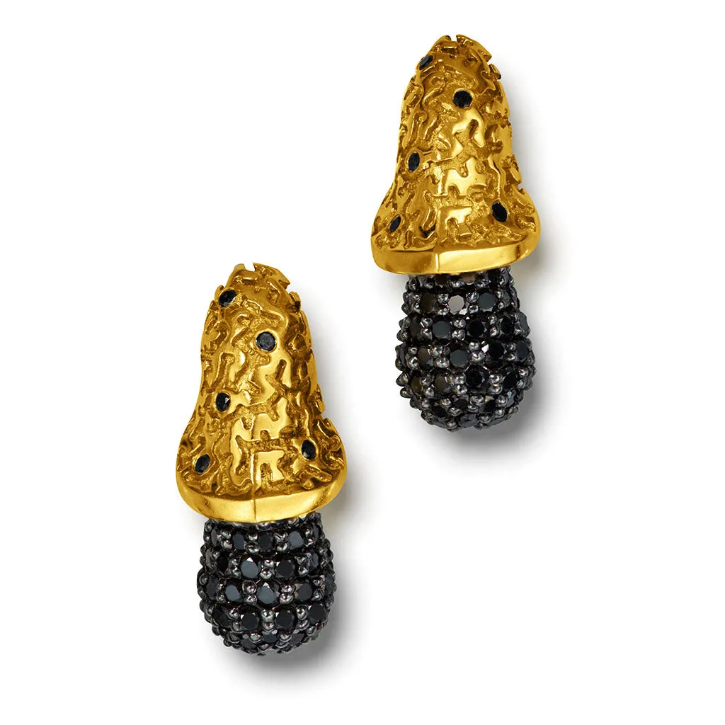 Gold Acorn Stud Earrings with Black Diamonds