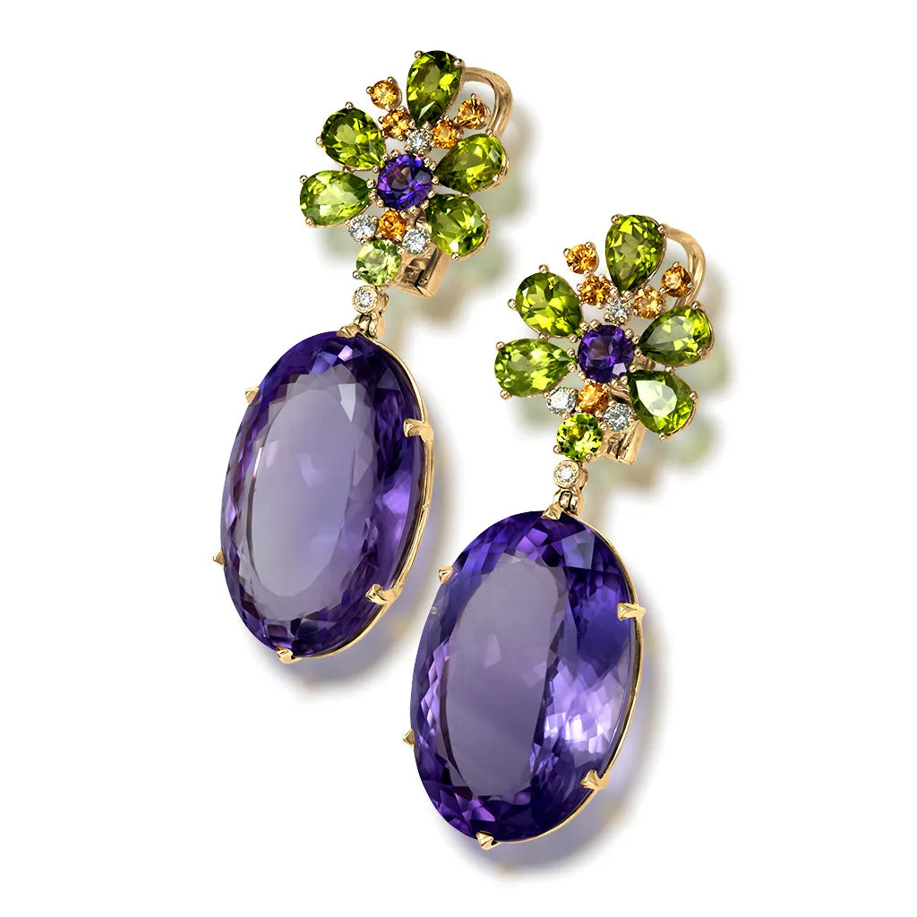 Gold Blossom Drop Earrings with Oval Amethyst & Peridot